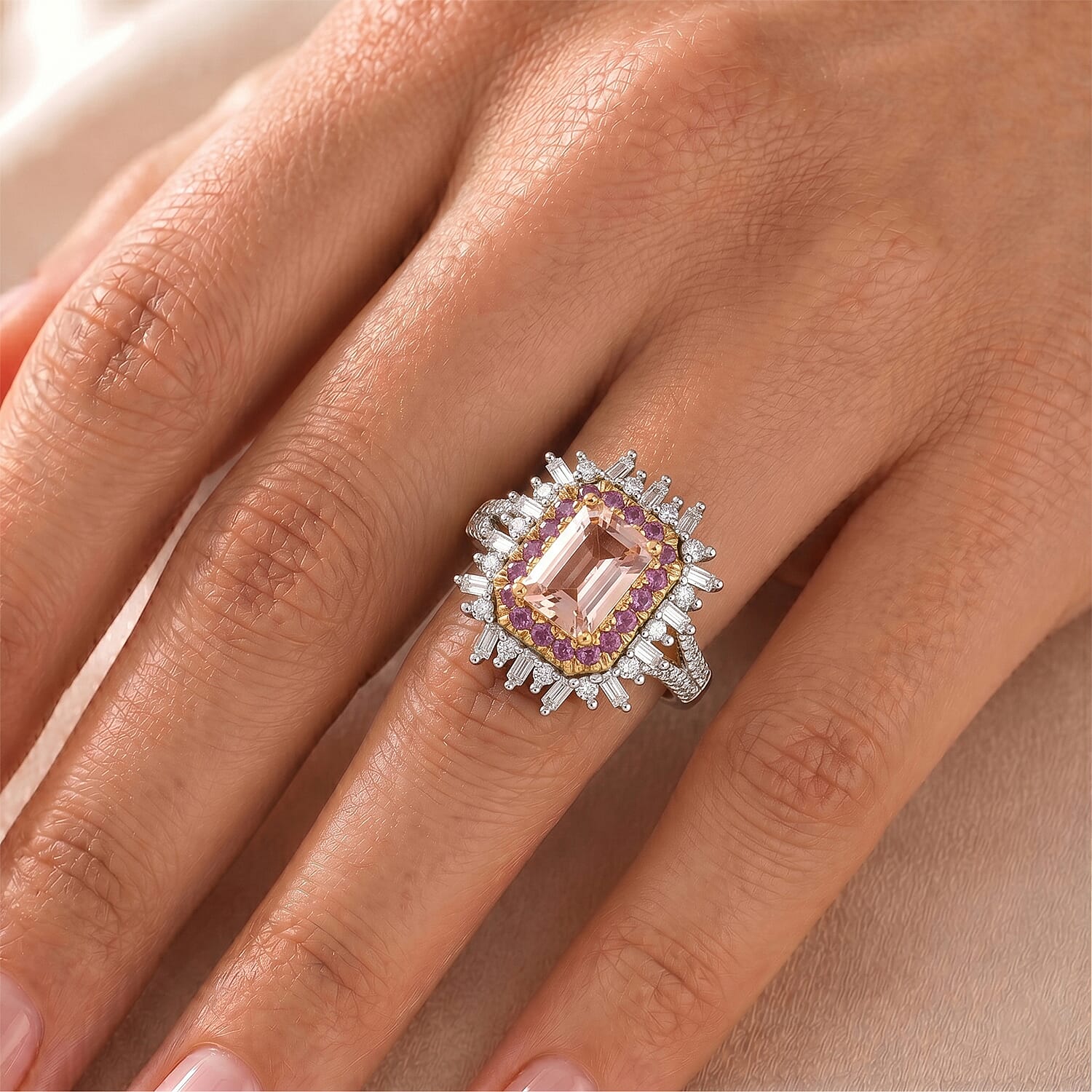 D'Joy Premium Pink Morganite and Multi Gemstone 1.85 ctw Rose Crown Ring in 18K Vermeil YG Over Sterling Silver (Size 6.0)