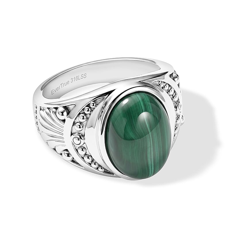 EverTrue African Malachite 18.00 ctw Solitaire Ring in Stainless Steel (Size 7.5)