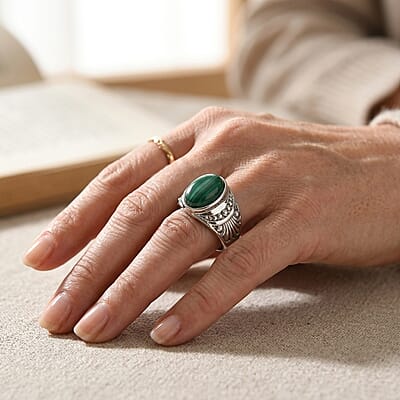 EverTrue African Malachite 18.00 ctw Solitaire Ring in Stainless Steel (Size 7.5)