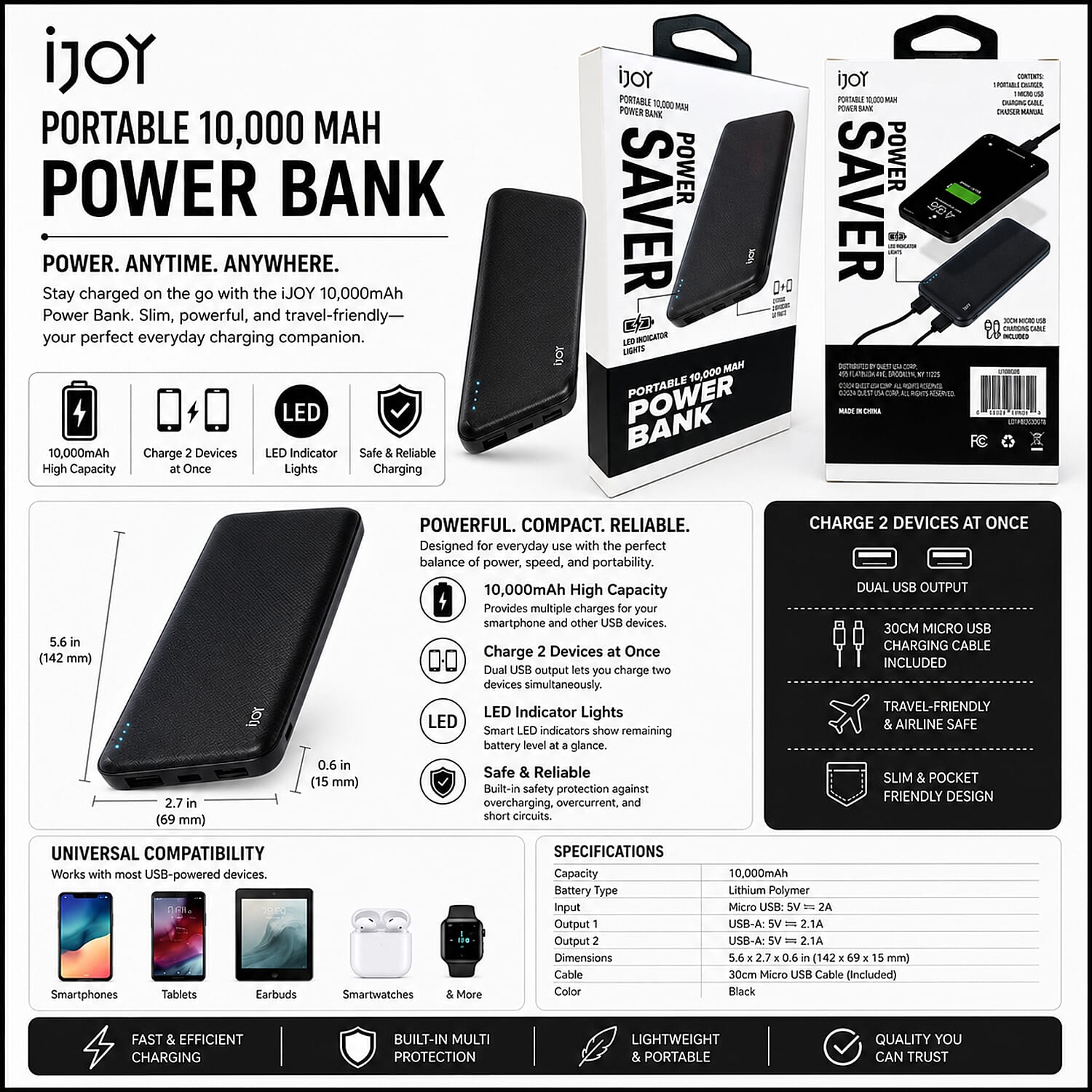 Closeout iJoy Power Saver 10000 Mah Dual USB Power Bank - Black