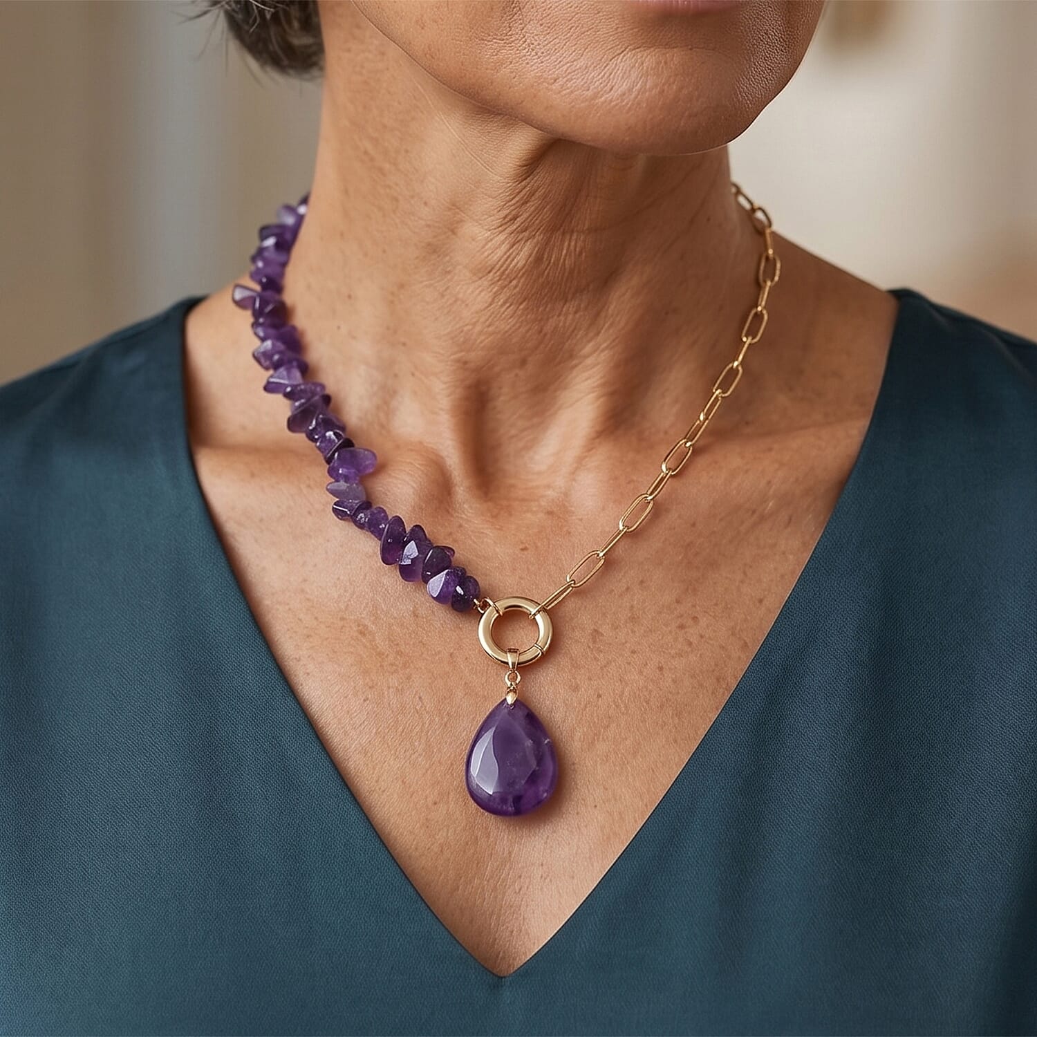 African Amethyst 120.00 ctw Beaded Necklace in Goldtone (19-21 Inches)