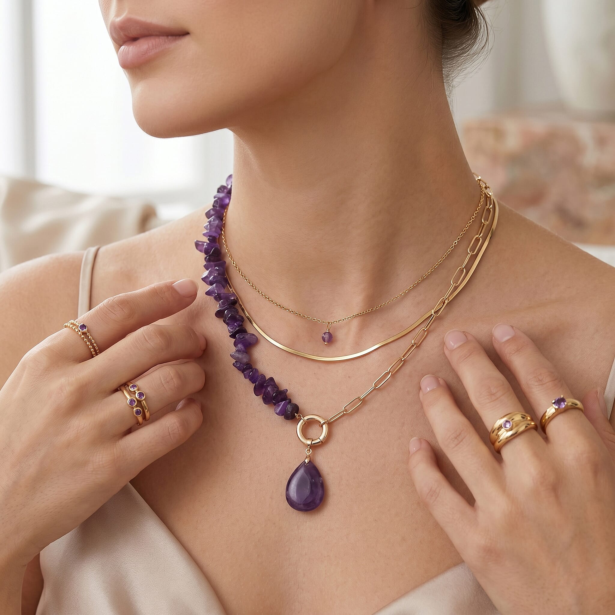 African Amethyst 120.00 ctw Beaded Necklace in Goldtone (19-21 Inches)