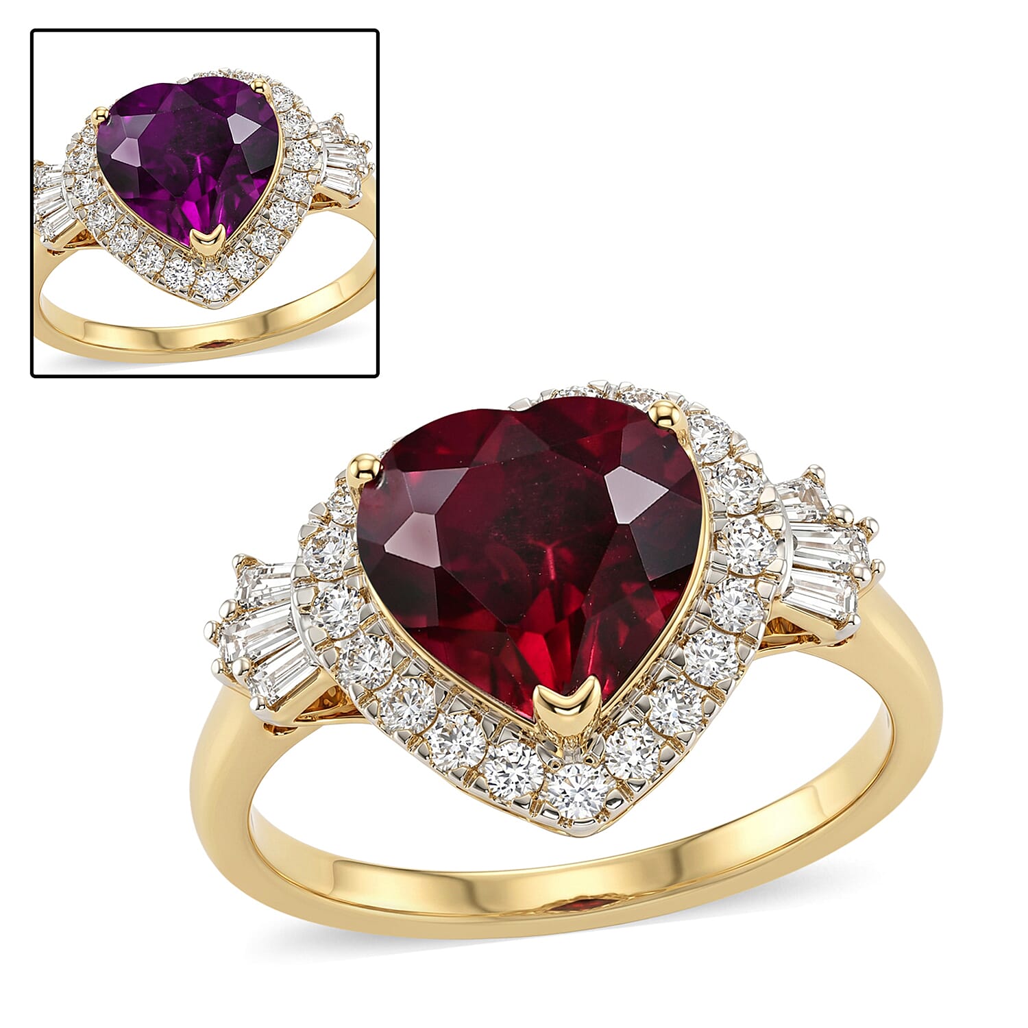 Certified & Appraised 10K Yellow Gold AAA Usambara Color Change Garnet, Luxuriant Lab Grown Diamond (G-H, SI) (0.34 cts) Heart Ring (Size 10.0) 3.82 ctw
