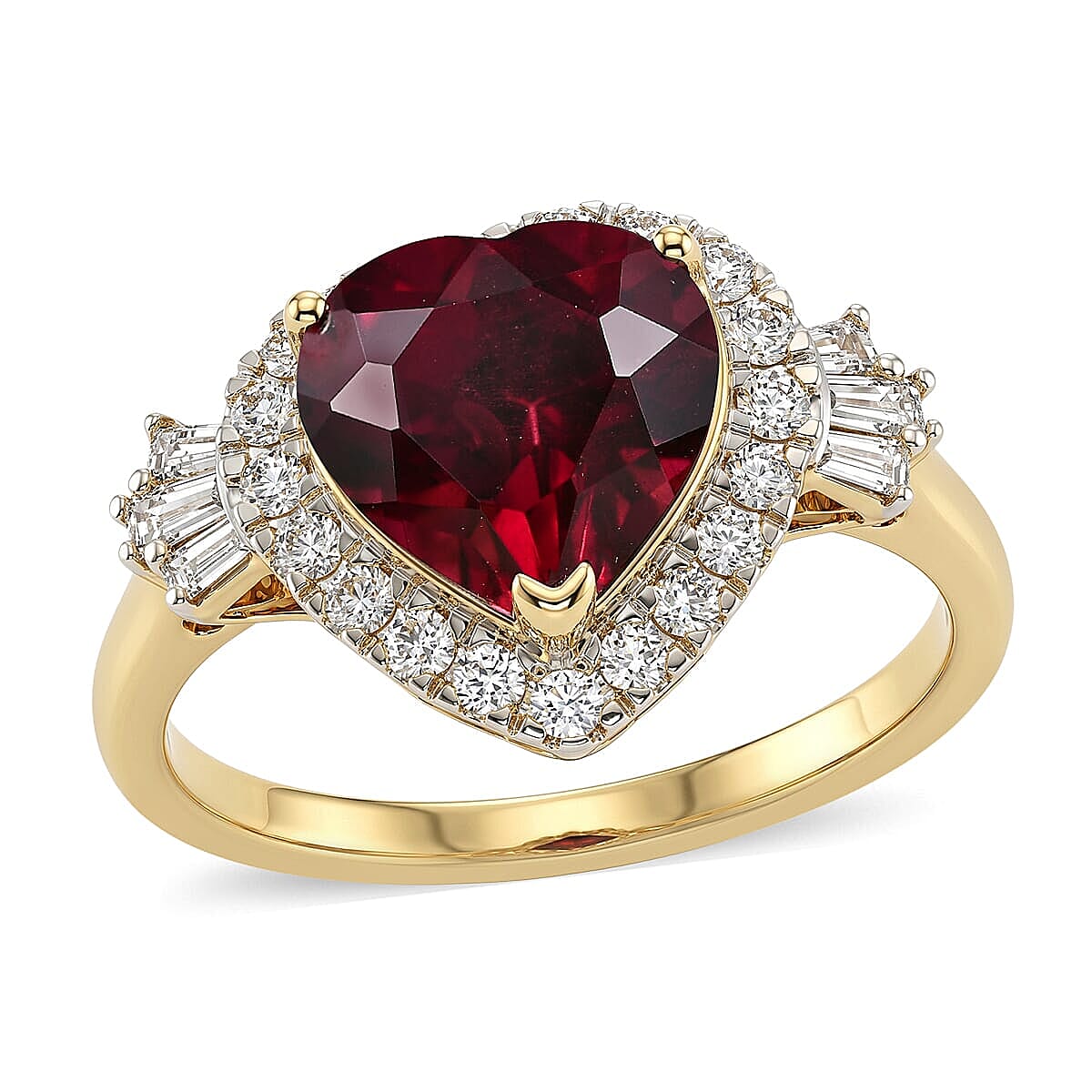 Certified and Appraised AAA Usambara Color Change Garnet and Luxuriant Lab Grown Diamond G-H SI 3.82 ctw Heart Ring in 10K Yellow Gold (Size 5.0)