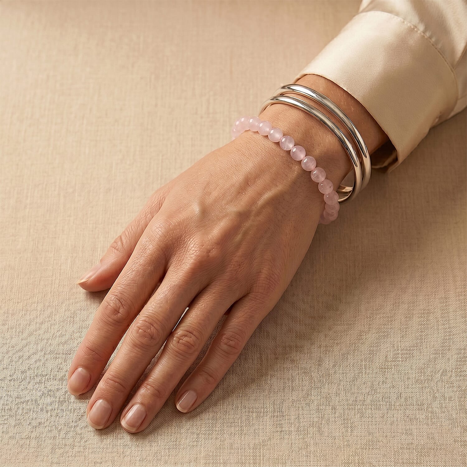 Galilea Rose Quartz 45.00 ctw Beaded Stretch Bracelet