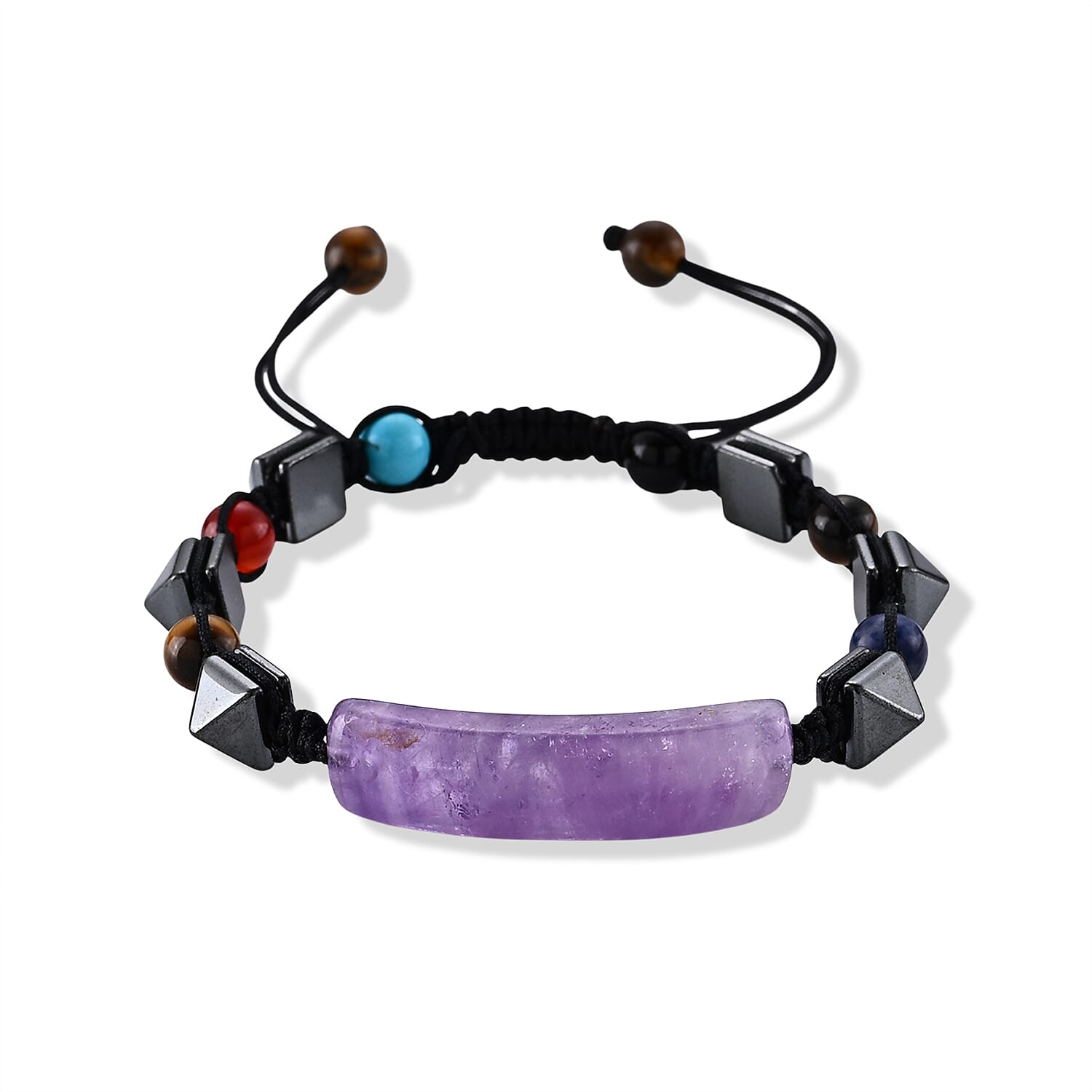 Amethyst with Multi Gemstone 50.00 ctw Beaded Adjustable Bracelet (6.5-7.5In)