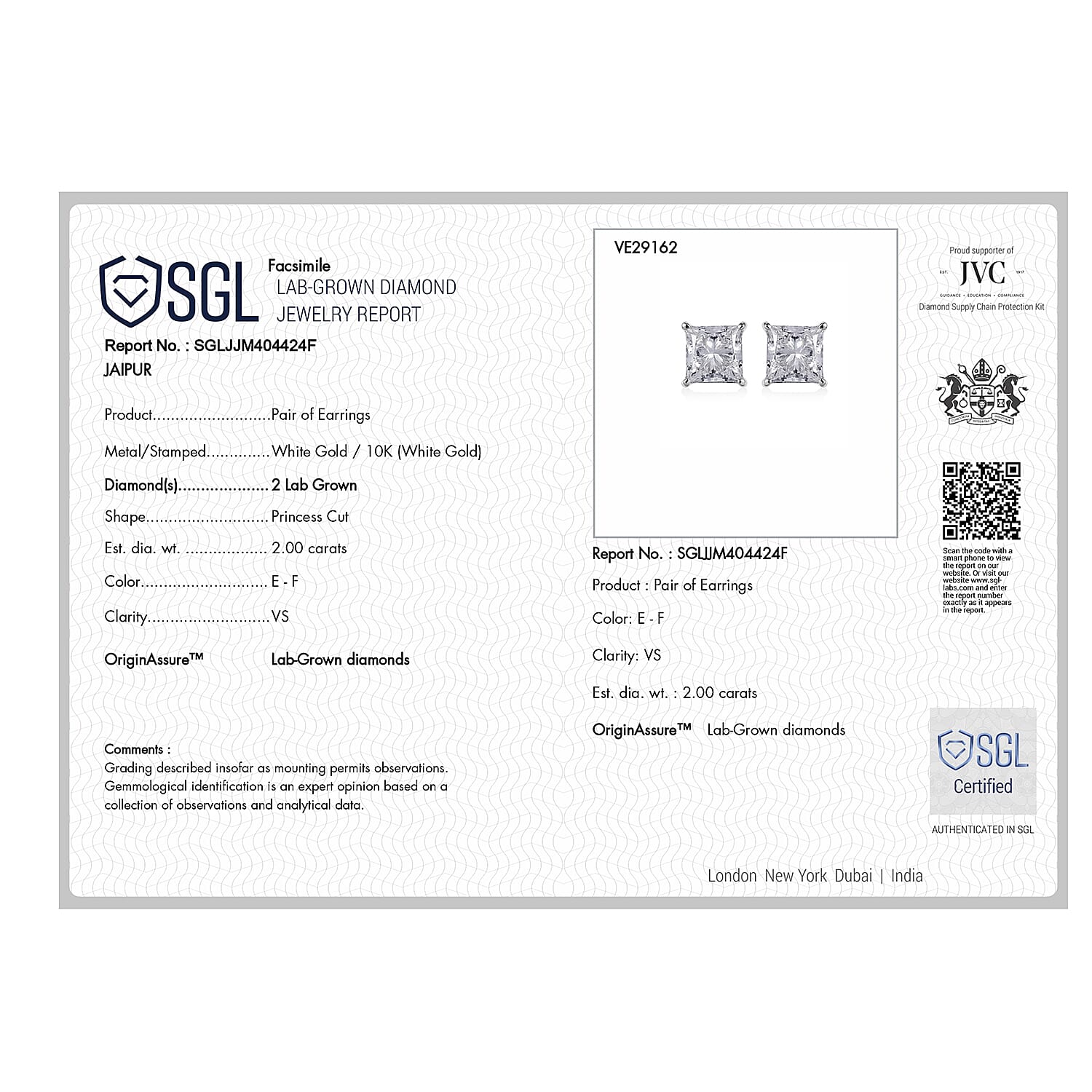 SGL Certified Luxuriant Lab Grown Diamond E-F VS 2.10 ctw Classic Studs Earrings in 10K White Gold (Ships in 10-12 Days)
