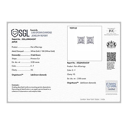 SGL Certified Luxuriant Lab Grown Diamond E-F VS 2.10 ctw Classic Studs Earrings in 10K White Gold