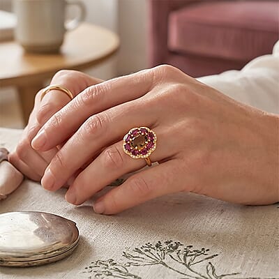 EverTrue Autumn Alexite and Multi Gemstone 3.40 ctw Twilight Fire Halo Ring in 18K YG Plated (Size 8.0)