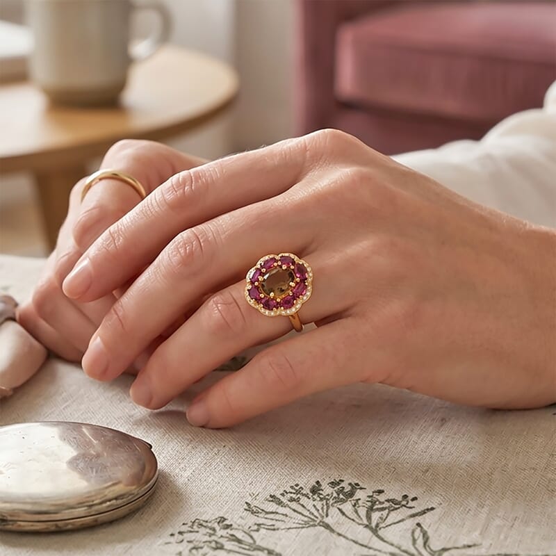 EverTrue Autumn Alexite and Multi Gemstone 3.40 ctw Twilight Fire Halo Ring in 18K YG Plated (Size 8.0)