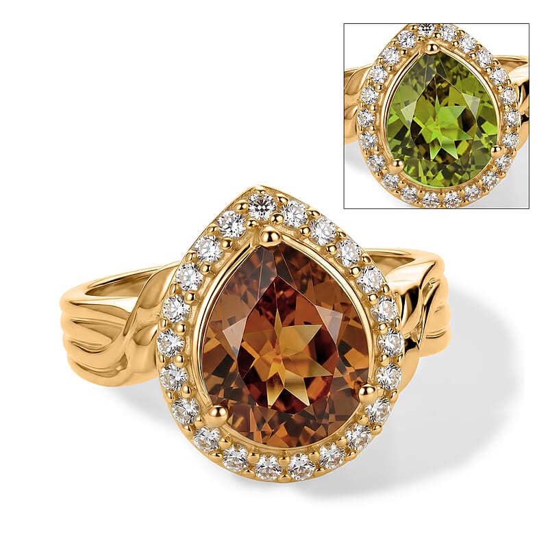 EverTrue Autumn Alexite and White Zircon 5.00 ctw Blazing Teardrop Ring in 18K YG Plated (Size 6.0)