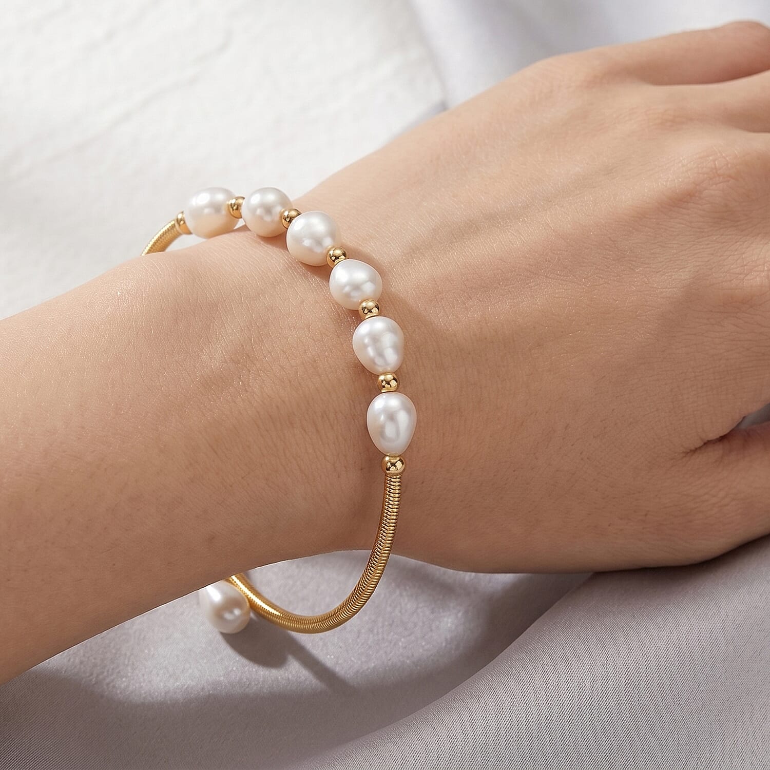 White Freshwater Cultured Pearl Cuff Beaded Bracelet in Silvertone (Adjustable)