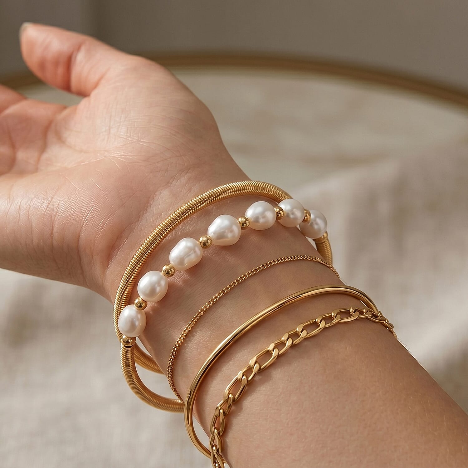 White Freshwater Cultured Pearl Cuff Beaded Bracelet in Silvertone (Adjustable)