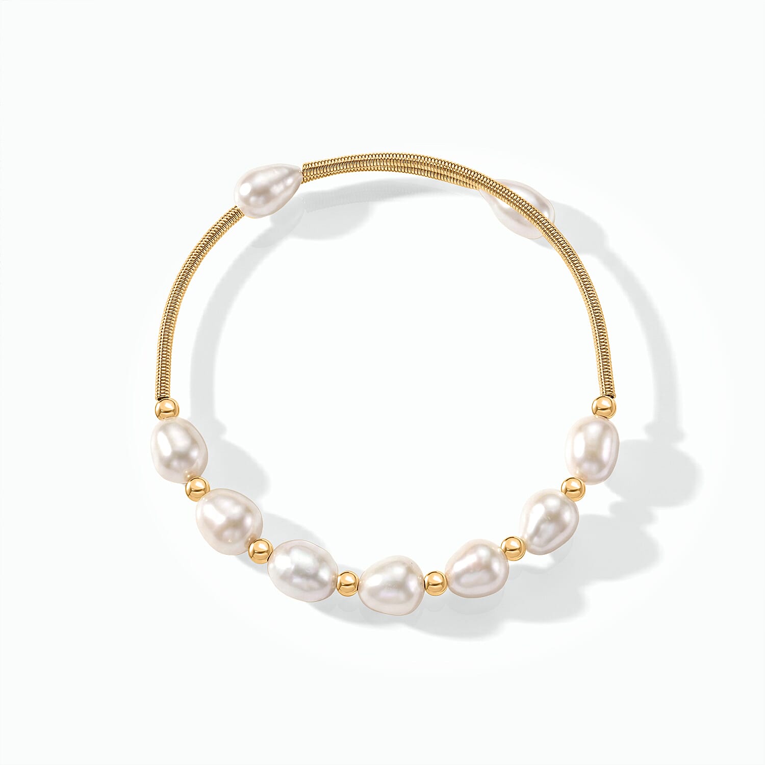 White Freshwater Cultured Pearl Cuff Beaded Bracelet in Silvertone (Adjustable)