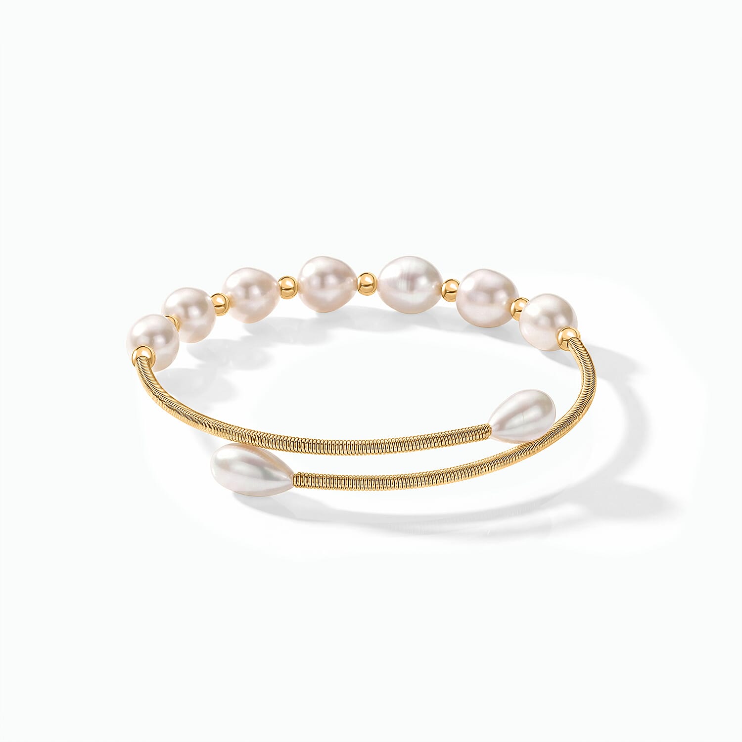 White Freshwater Cultured Pearl Cuff Beaded Bracelet in Silvertone (Adjustable)