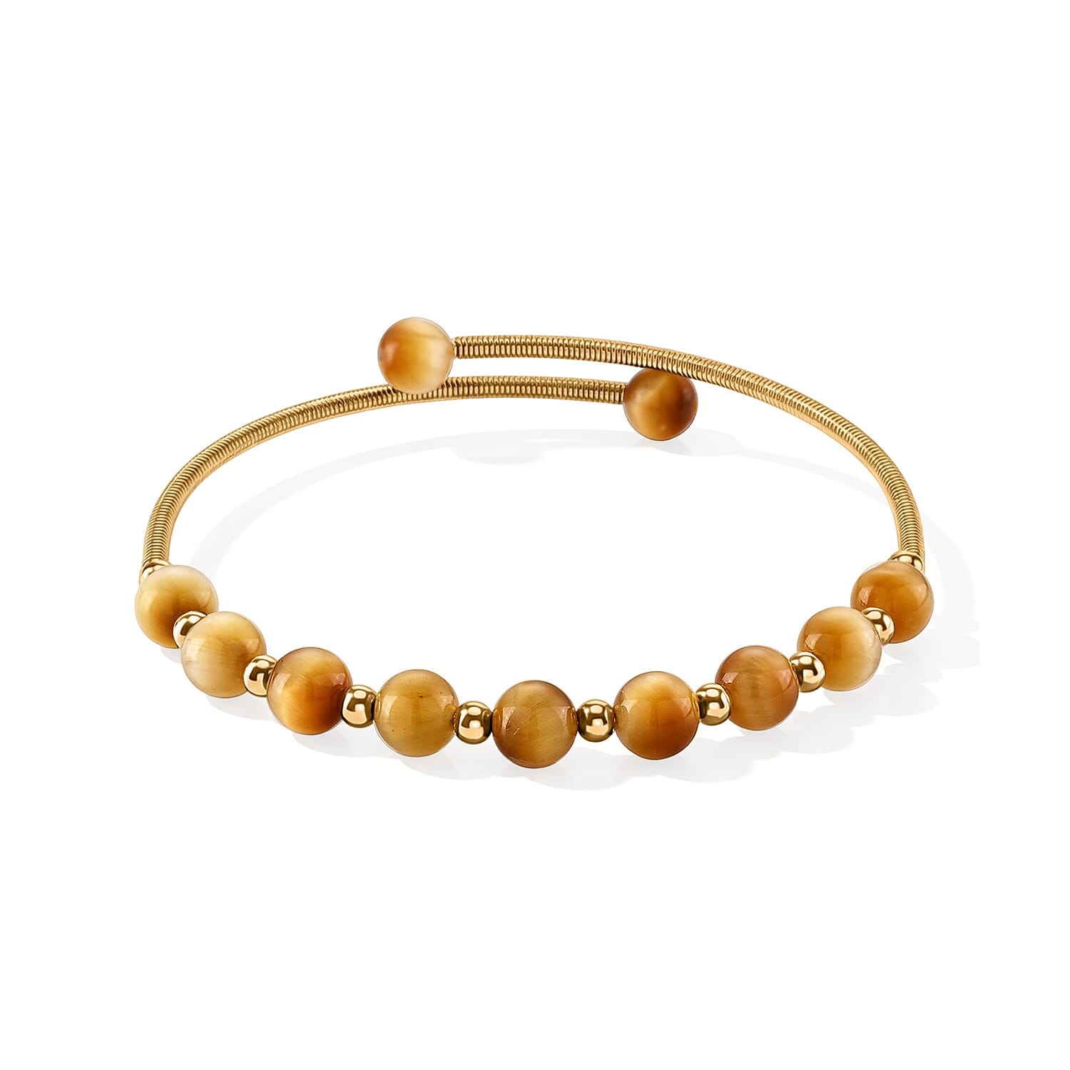 Yellow Tiger Eye 10.00 ctw Cuff Beaded Bracelet in Goldtone (Adjustable)