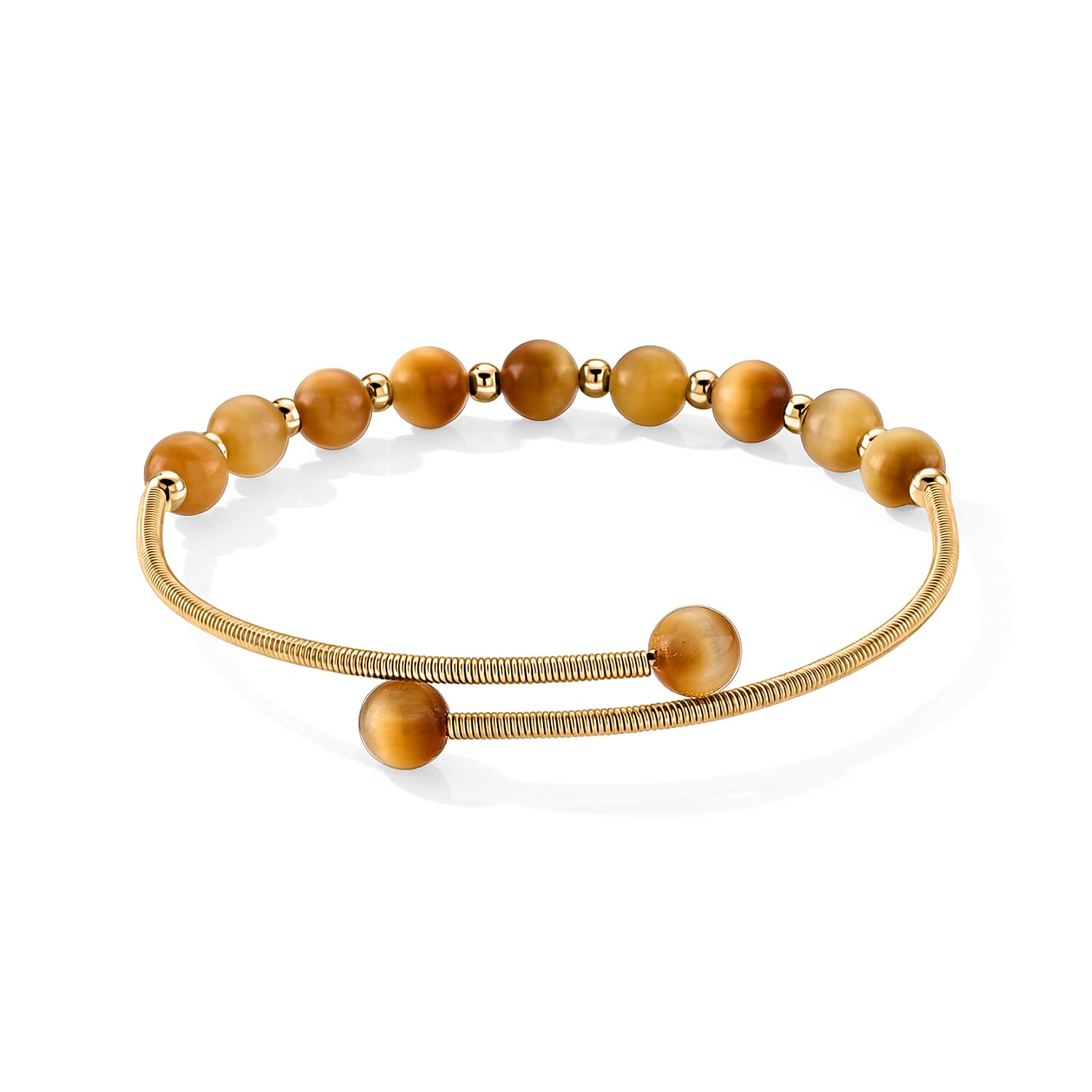 Yellow Tiger Eye 10.00 ctw Cuff Beaded Bracelet in Goldtone (Adjustable)
