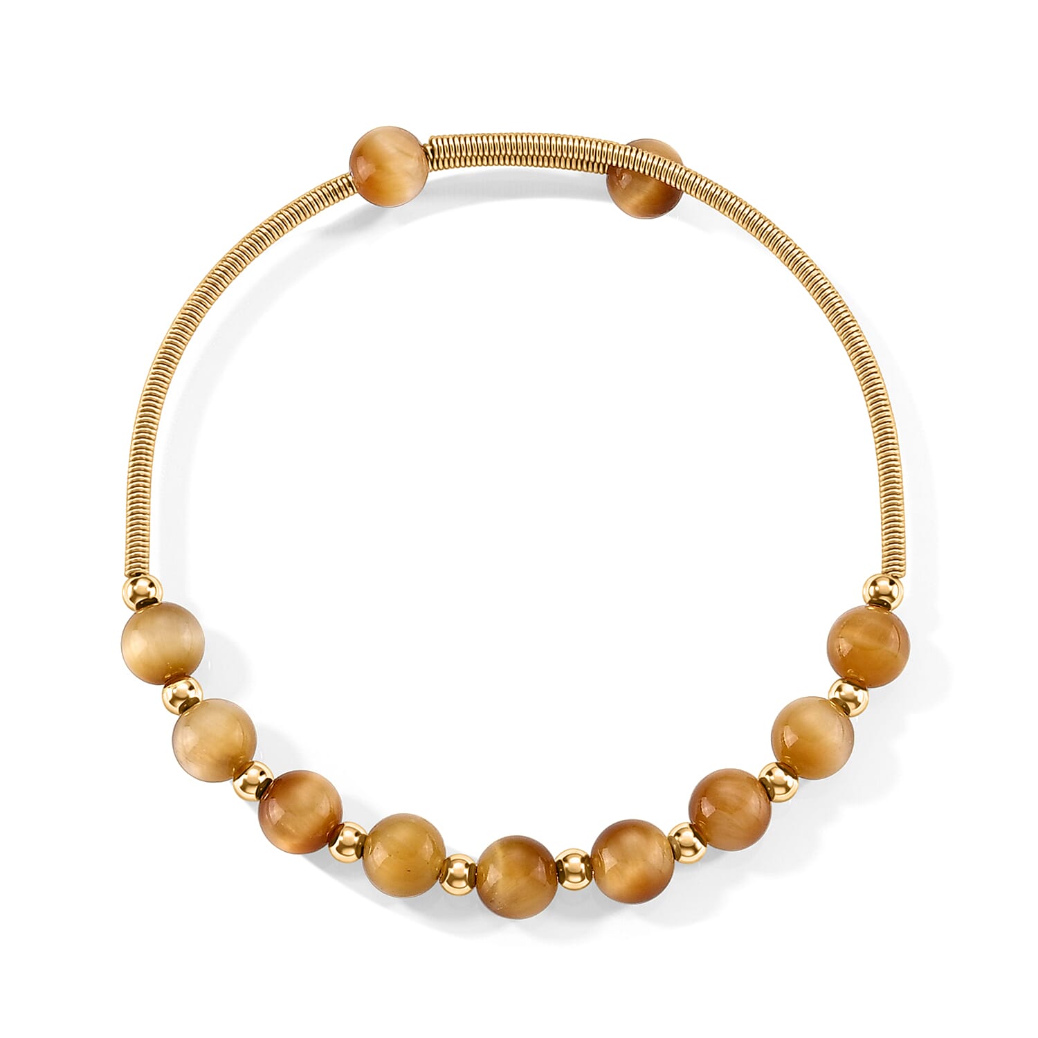 Yellow Tiger Eye 10.00 ctw Cuff Beaded Bracelet in Goldtone (Adjustable)