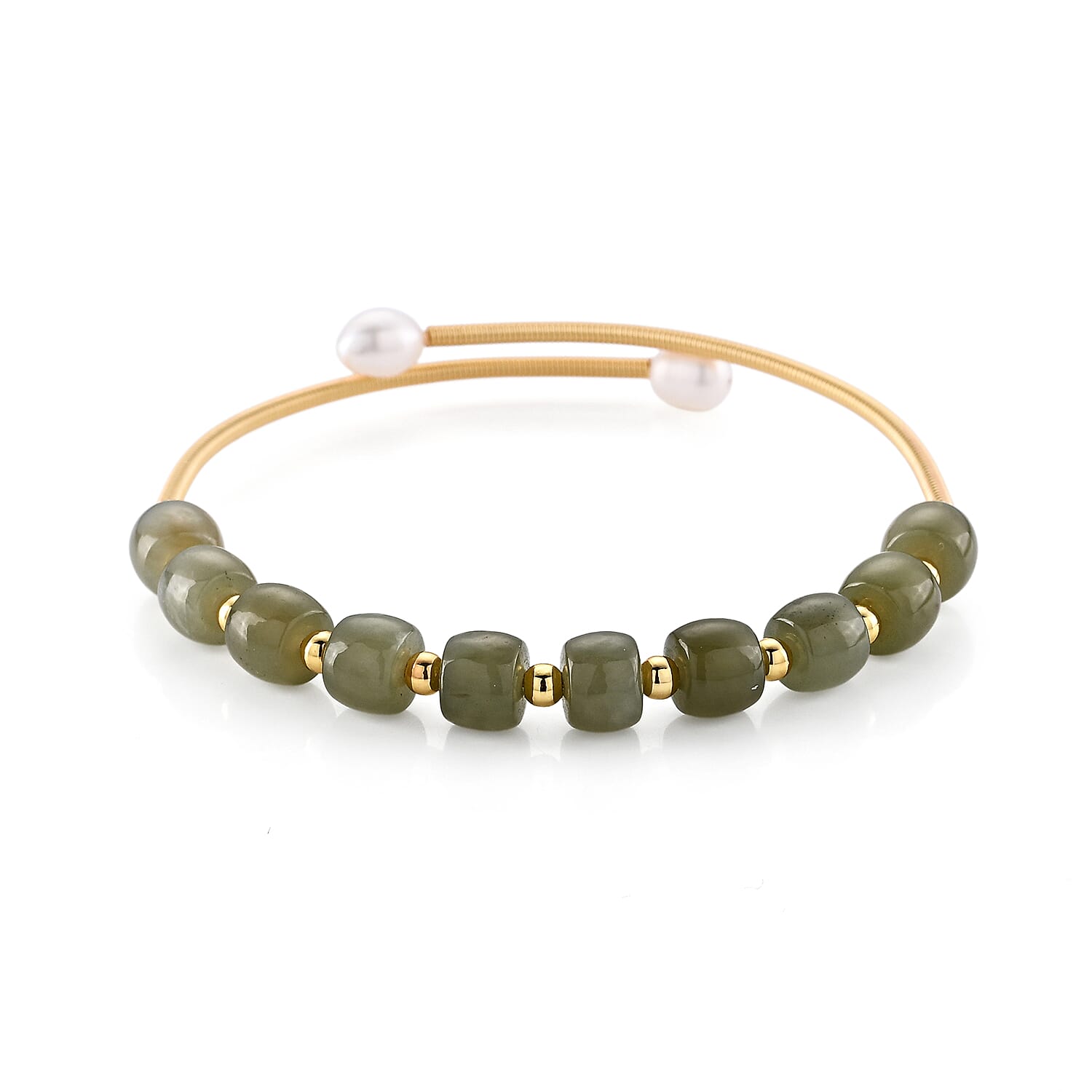 Nephrite and Freshwater Cultured Pearl 20.00 ctw Cuff Beaded Bracelet in Goldtone (Adjustable)