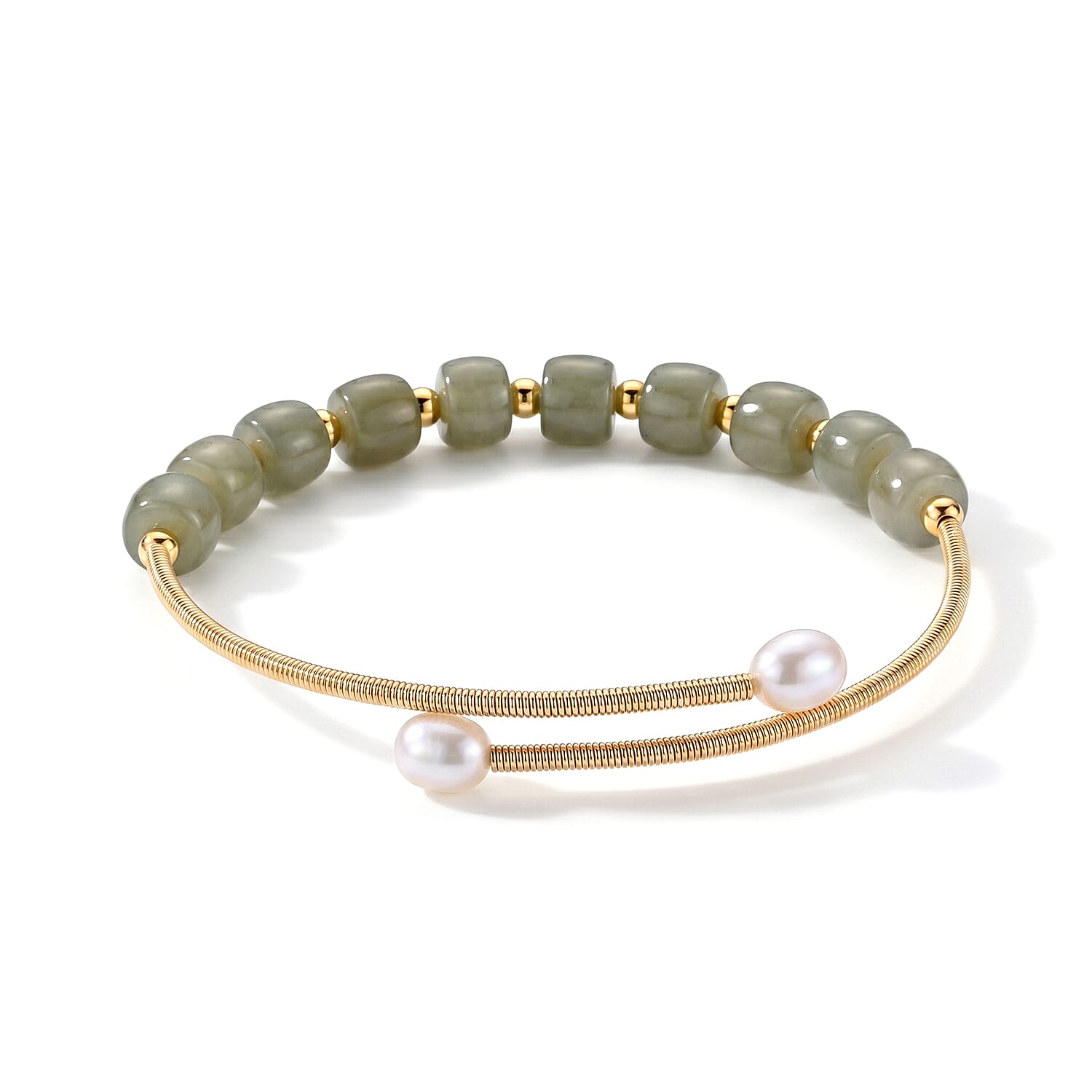 Nephrite and Freshwater Cultured Pearl 20.00 ctw Cuff Beaded Bracelet in Goldtone (Adjustable)