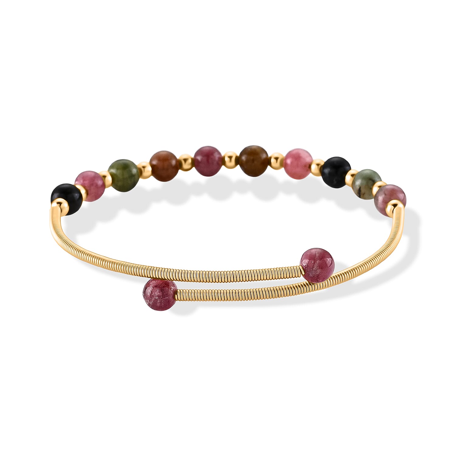 Multi Tourmaline 6.00 ctw Cuff Beaded Bracelet in Goldtone (Adjustable)