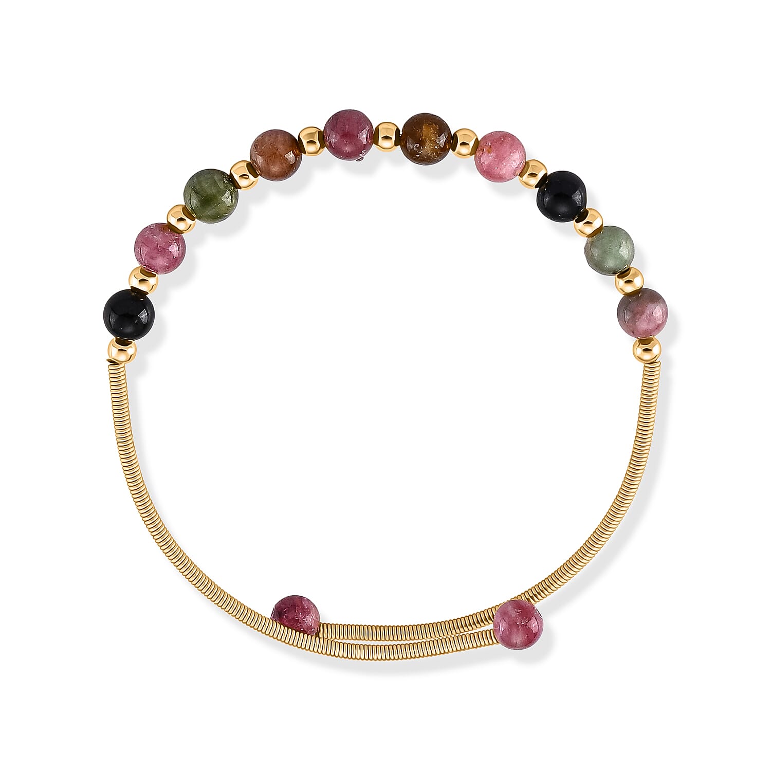 Multi Tourmaline 6.00 ctw Cuff Beaded Bracelet in Goldtone (Adjustable)