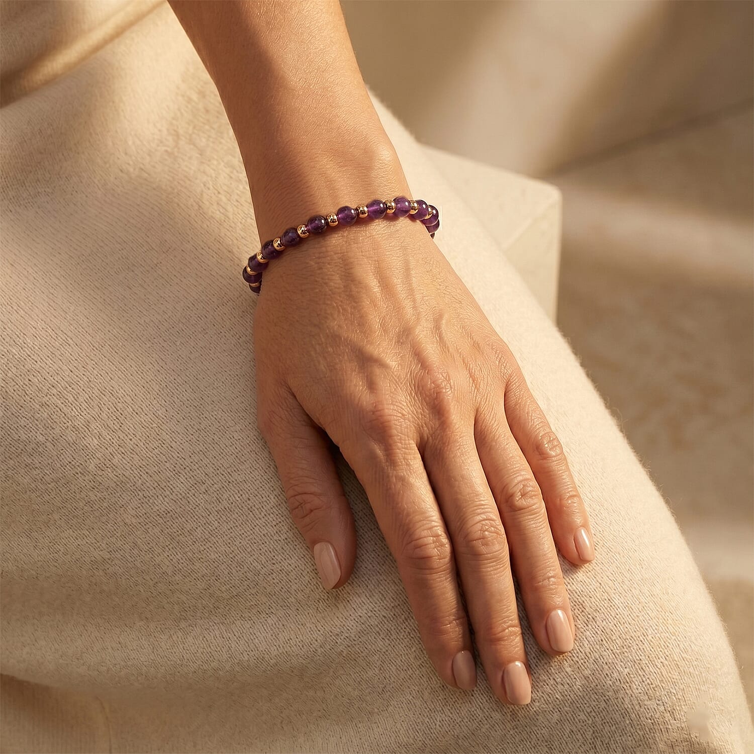 Amethyst 6.00 ctw Cuff Beaded Bracelet in Goldtone (Adjustable)