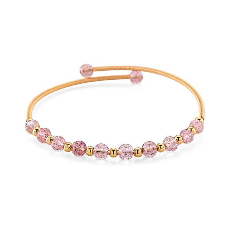 Strawberry Quartz 6.00 ctw Cuff Beaded Bracelet in Goldtone (Adjustable)
