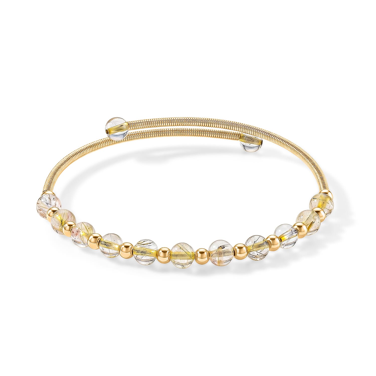 Golden Rutilated Quartz 6.00 ctw Cuff Beaded Bracelet in Goldtone (Adjustable)