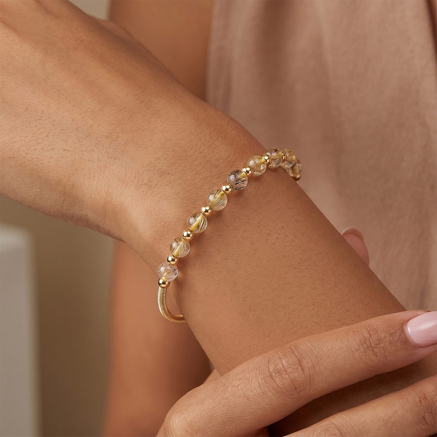 Golden Rutilated Quartz 6.00 ctw Cuff Beaded Bracelet in Goldtone (Adjustable)