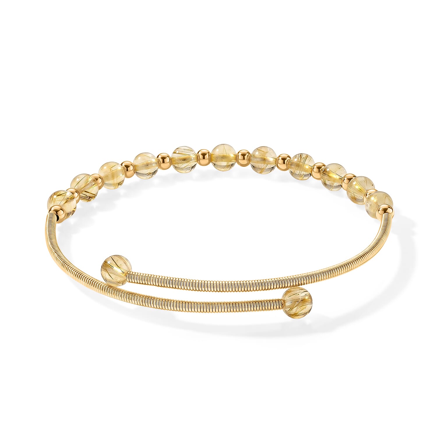 Golden Rutilated Quartz 6.00 ctw Cuff Beaded Bracelet in Goldtone (Adjustable)