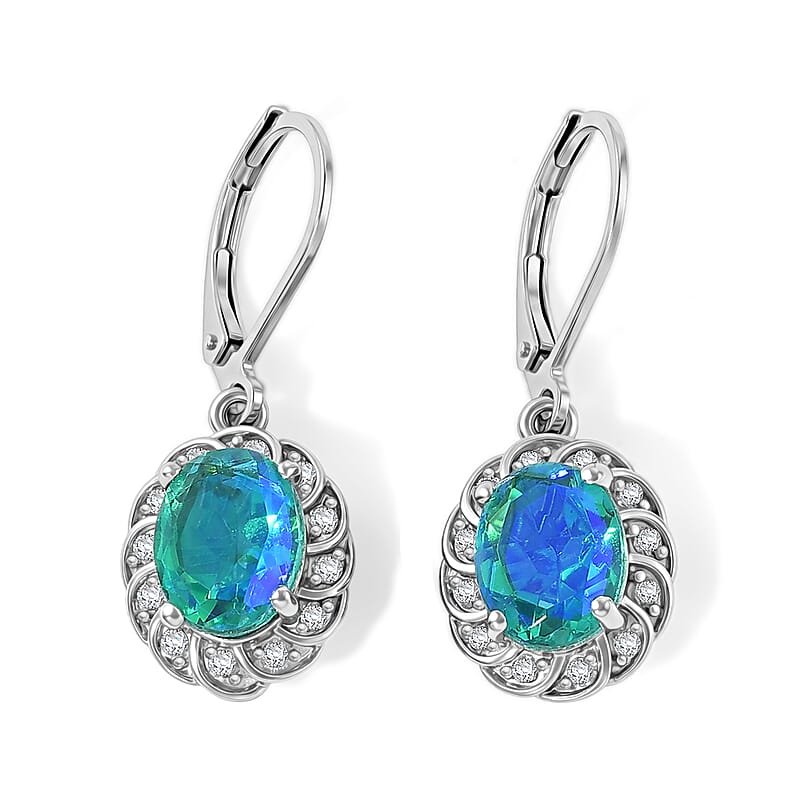 EverTrue Peacock Quartz (Triplet) and White Zircon 4.00 ctw Peacock Empress Earrings in Platinum Bond