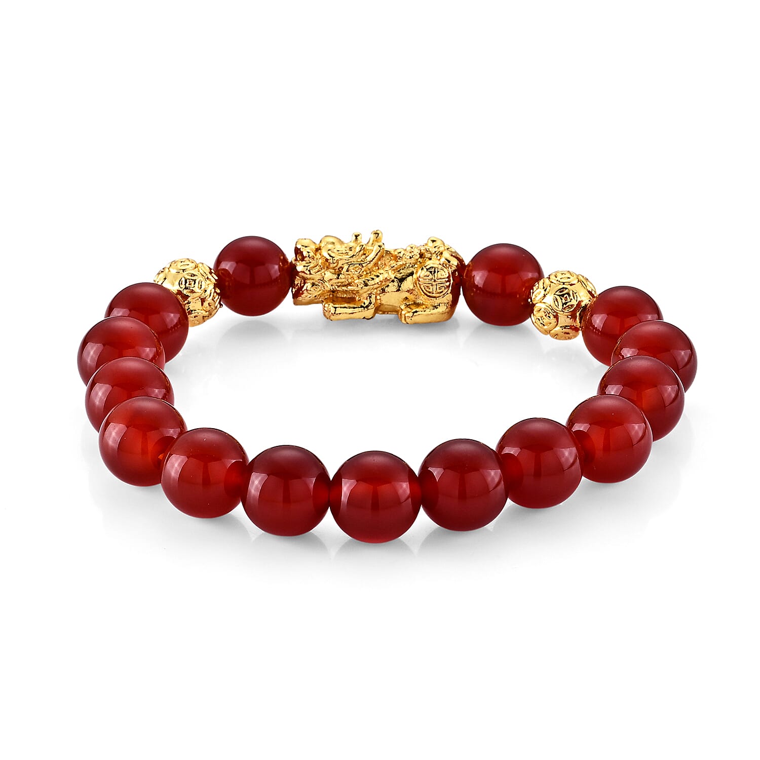 Red Agate 130.00 ctw Beaded Stretch Bracelet with Pixiu Charm in Goldtone