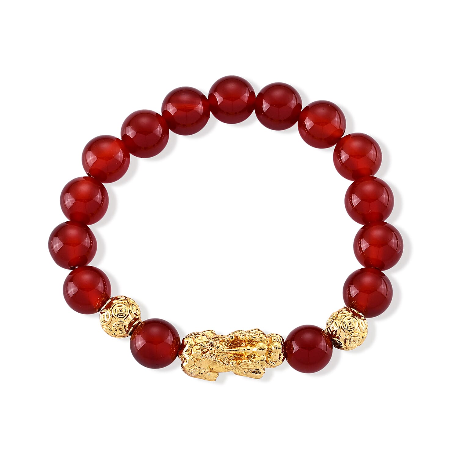 Red Agate 130.00 ctw Beaded Stretch Bracelet with Pixiu Charm in Goldtone