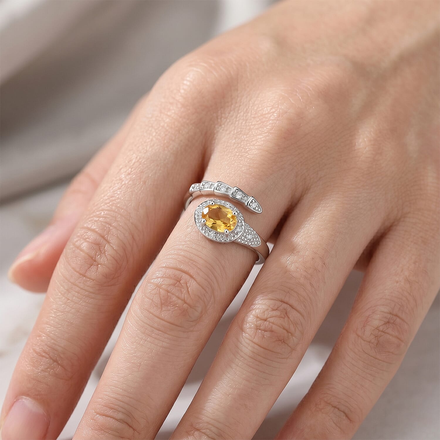 Citrine and Simulated Diamond 4.00 ctw Open Shank Ring in Silvertone (Adjustable)