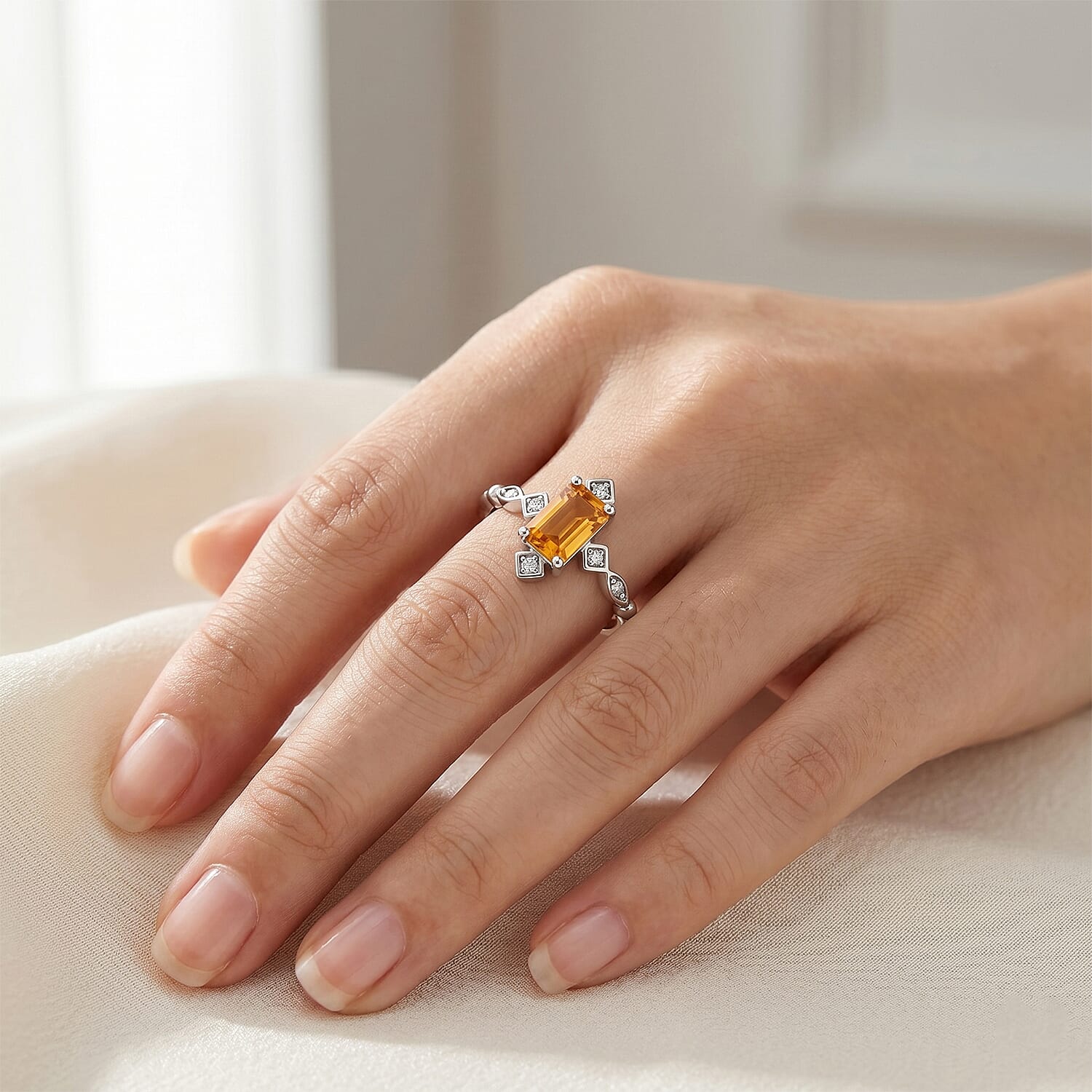 Citrine and Simulated Diamond 2.20 ctw Ring in Silvertone (Adjustable)