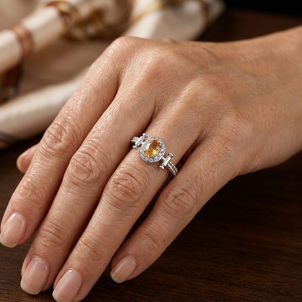 Citrine and Simulated Diamond 4.00 ctw Ring in Silvertone (Adjustable)