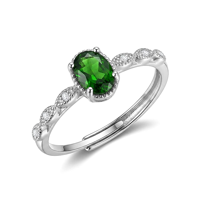 Diopside and Simulated Diamond 2.50 ctw Scalloped Shank Ring in Silvertone (Adjustable)