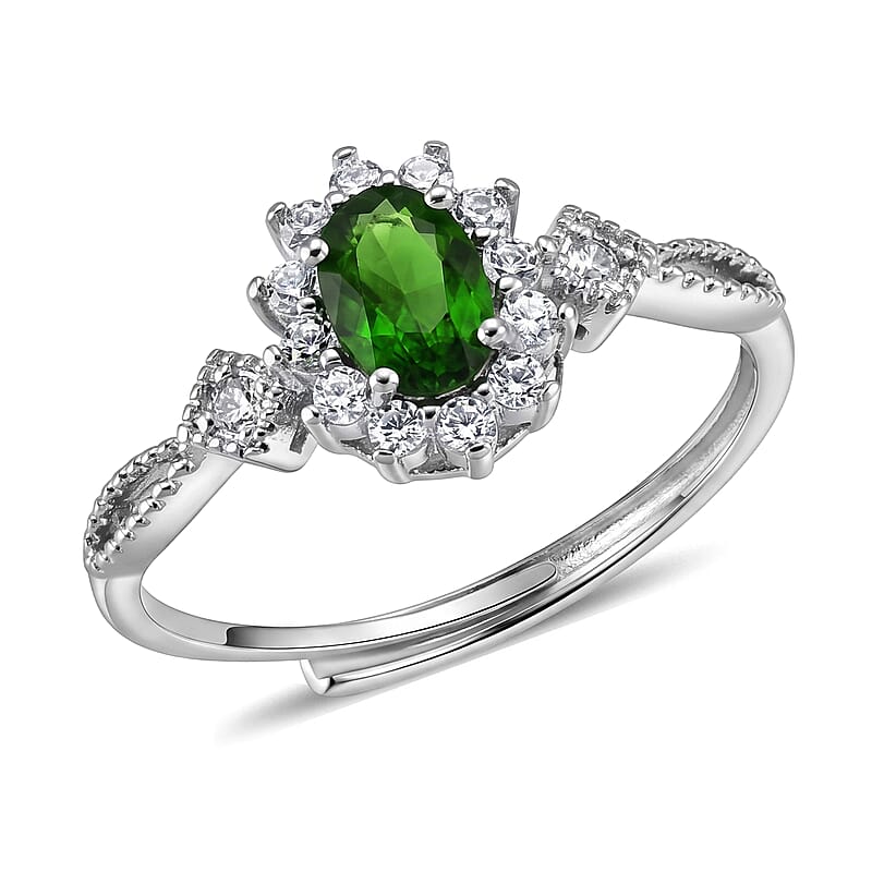 Diopside and Simulated Diamond 2.50 ctw Halo Ring in Silvertone (Adjustable)