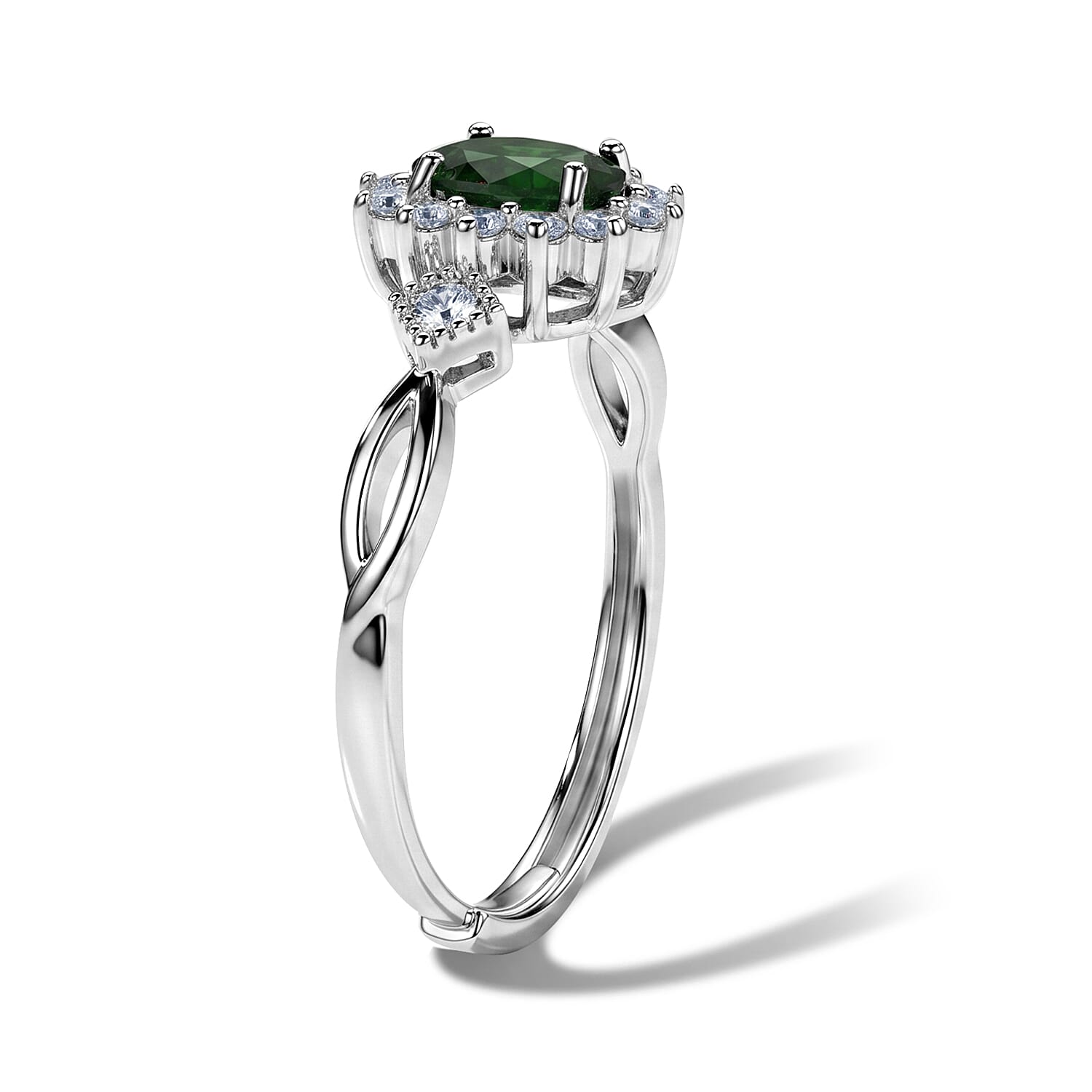 Diopside and Simulated Diamond 2.50 ctw Halo Ring in Silvertone (Adjustable)
