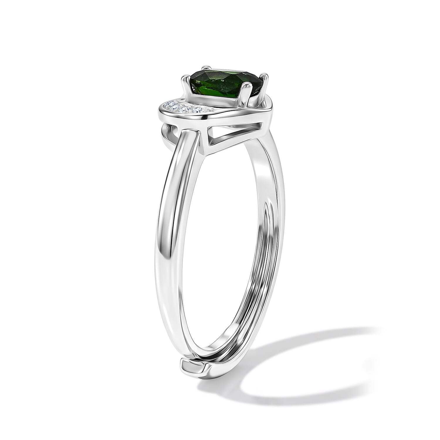 Diopside and Simulated Diamond 2.50 ctw Heart Ring in Silvertone (Adjustable)