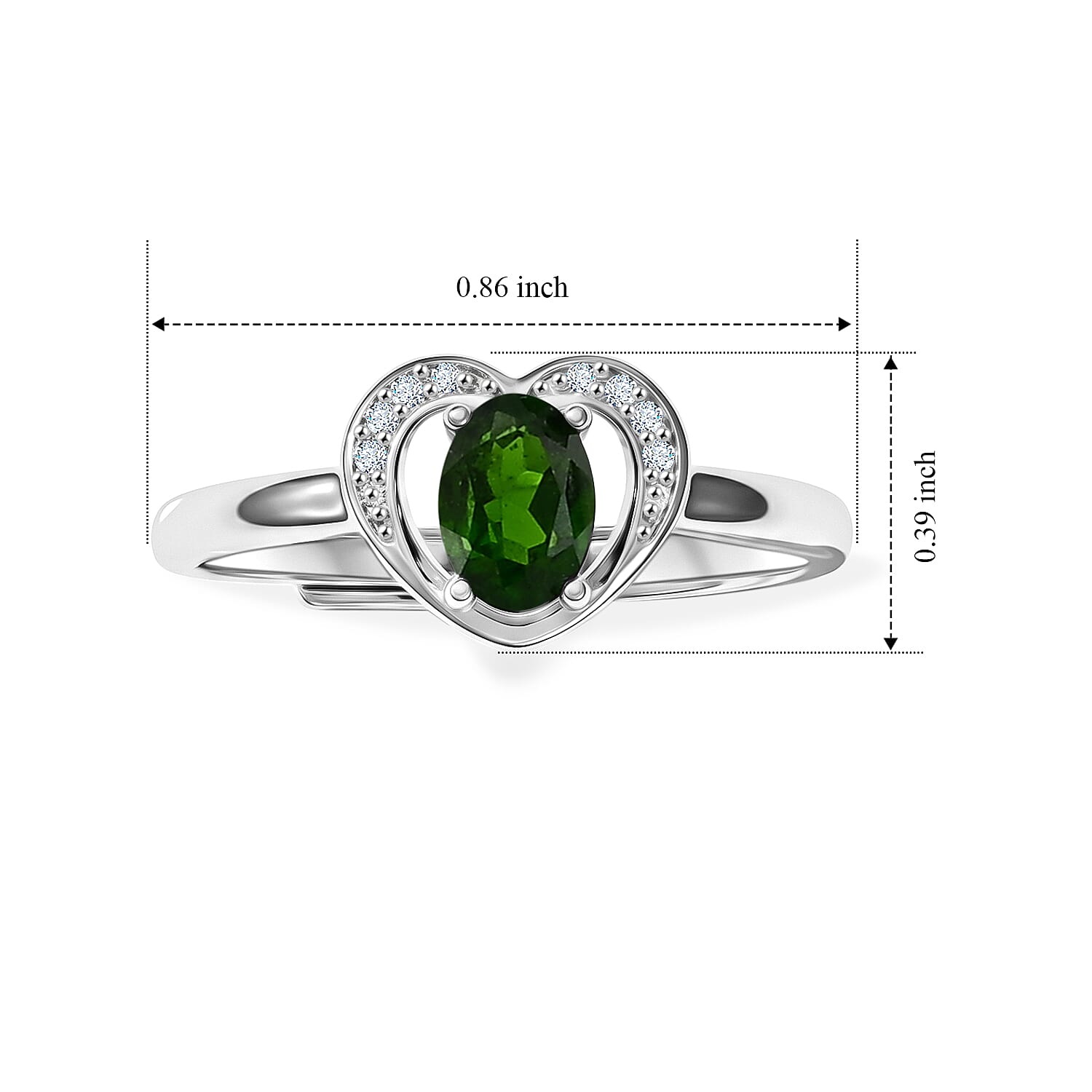 Diopside and Simulated Diamond 2.50 ctw Heart Ring in Silvertone (Adjustable)