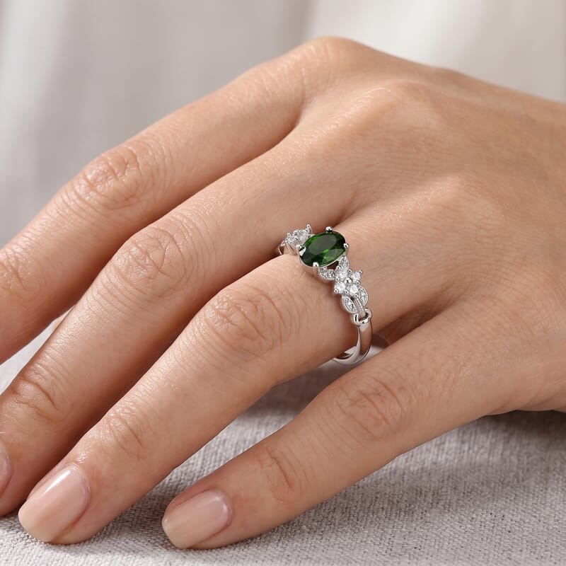 Diopside and Simulated Diamond 2.50 ctw Floral Ring in Silvertone (Adjustable)