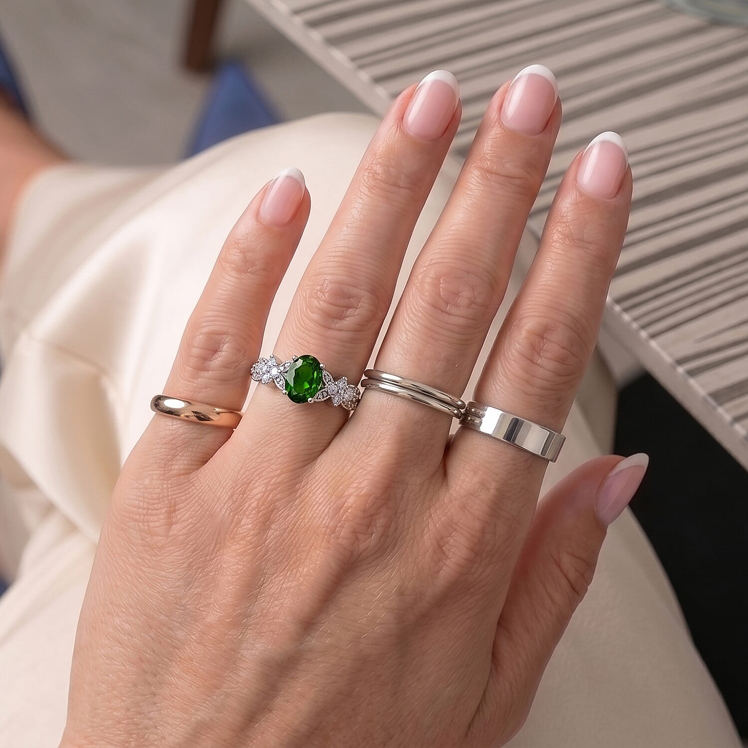 Diopside and Simulated Diamond 2.50 ctw Floral Ring in Silvertone (Adjustable)