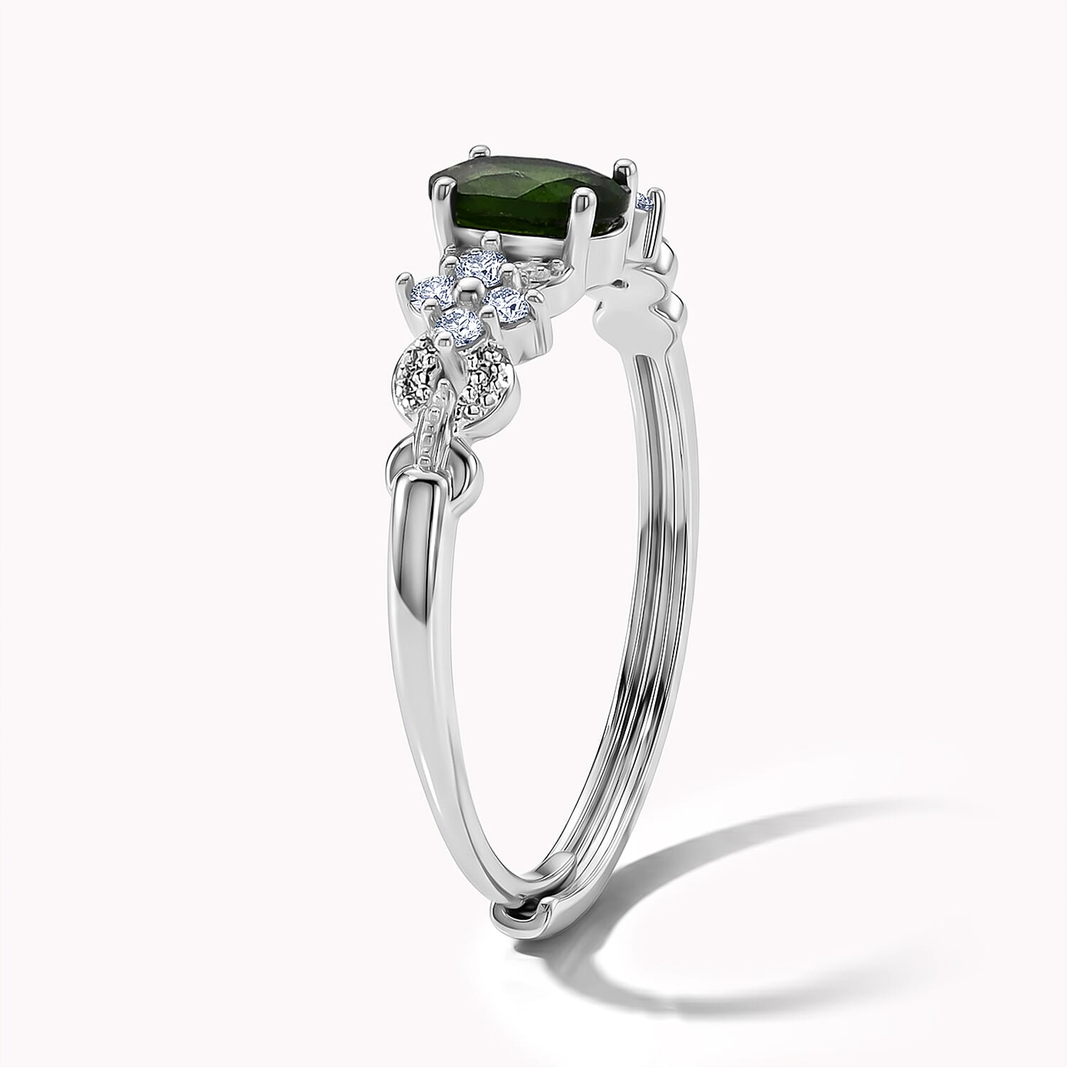 Diopside and Simulated Diamond 2.50 ctw Floral Ring in Silvertone (Adjustable)