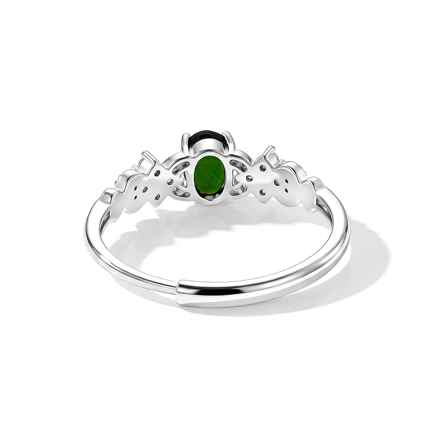 Diopside and Simulated Diamond 2.50 ctw Floral Ring in Silvertone (Adjustable)