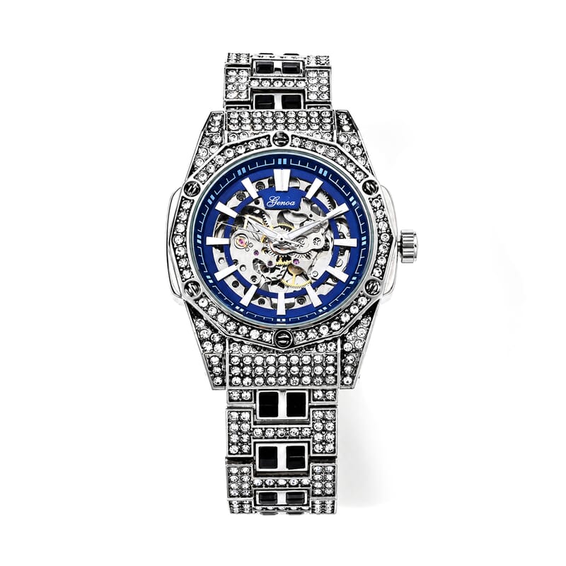 Genoa Austrian White and Black Crystal Automatic Mechanical Dondong Movement Watch with Stainless Steel Strap