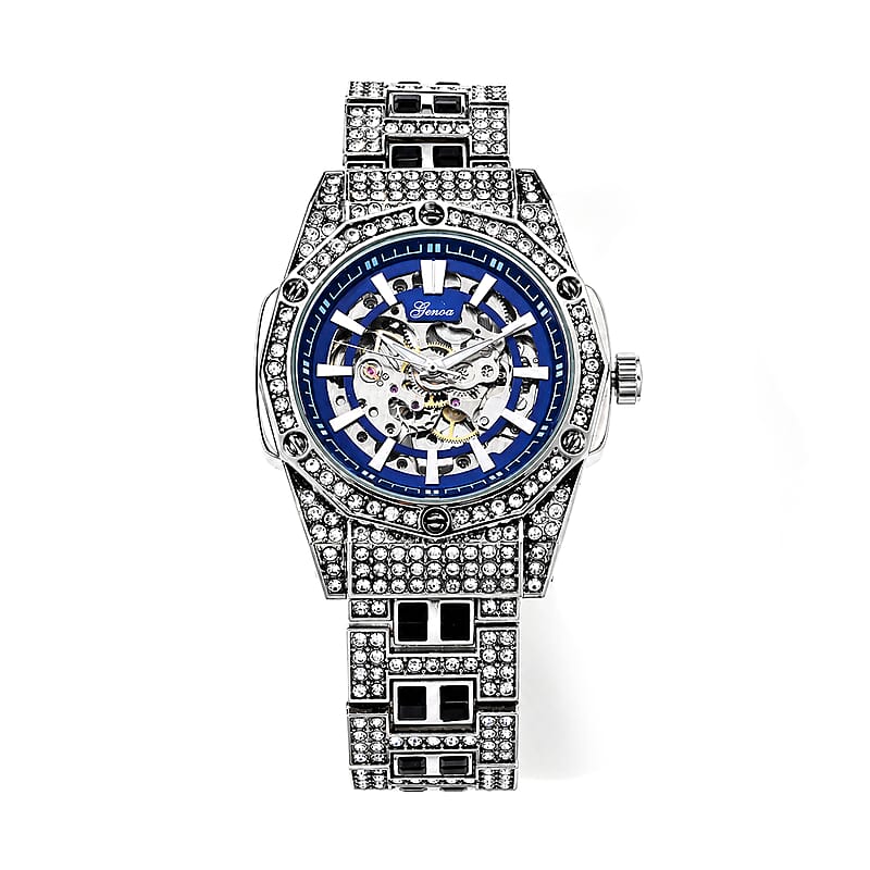 Genoa Austrian White and Black Crystal Automatic Mechanical Dondong Movement Watch with Stainless Steel Strap