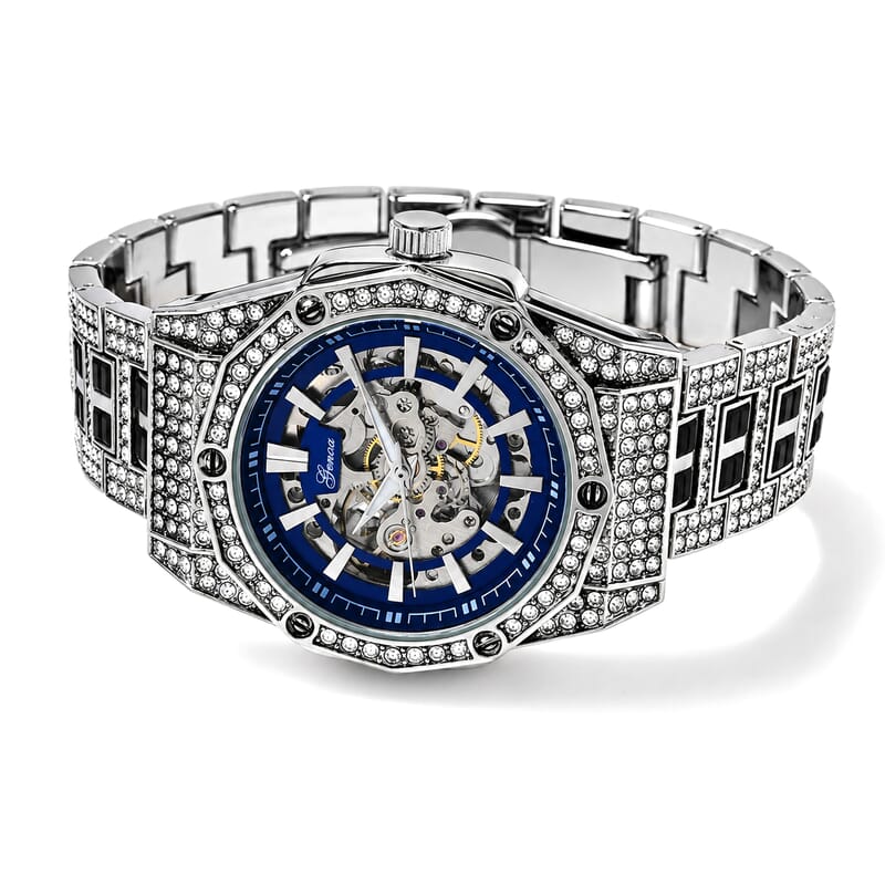 Genoa Austrian White and Black Crystal Automatic Mechanical Dondong Movement Watch with Stainless Steel Strap