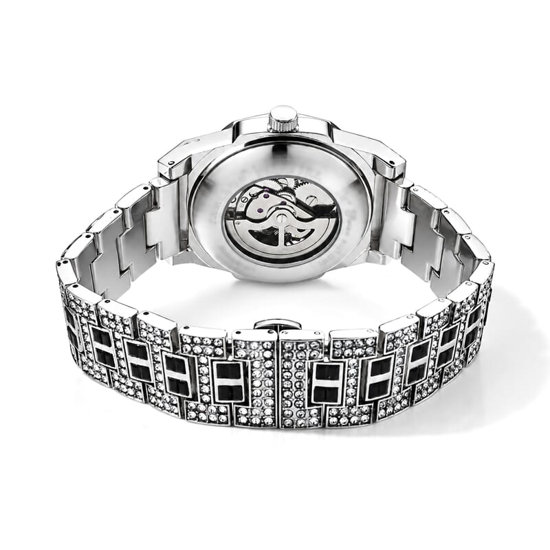 Genoa Austrian White and Black Crystal Automatic Mechanical Dondong Movement Watch with Stainless Steel Strap